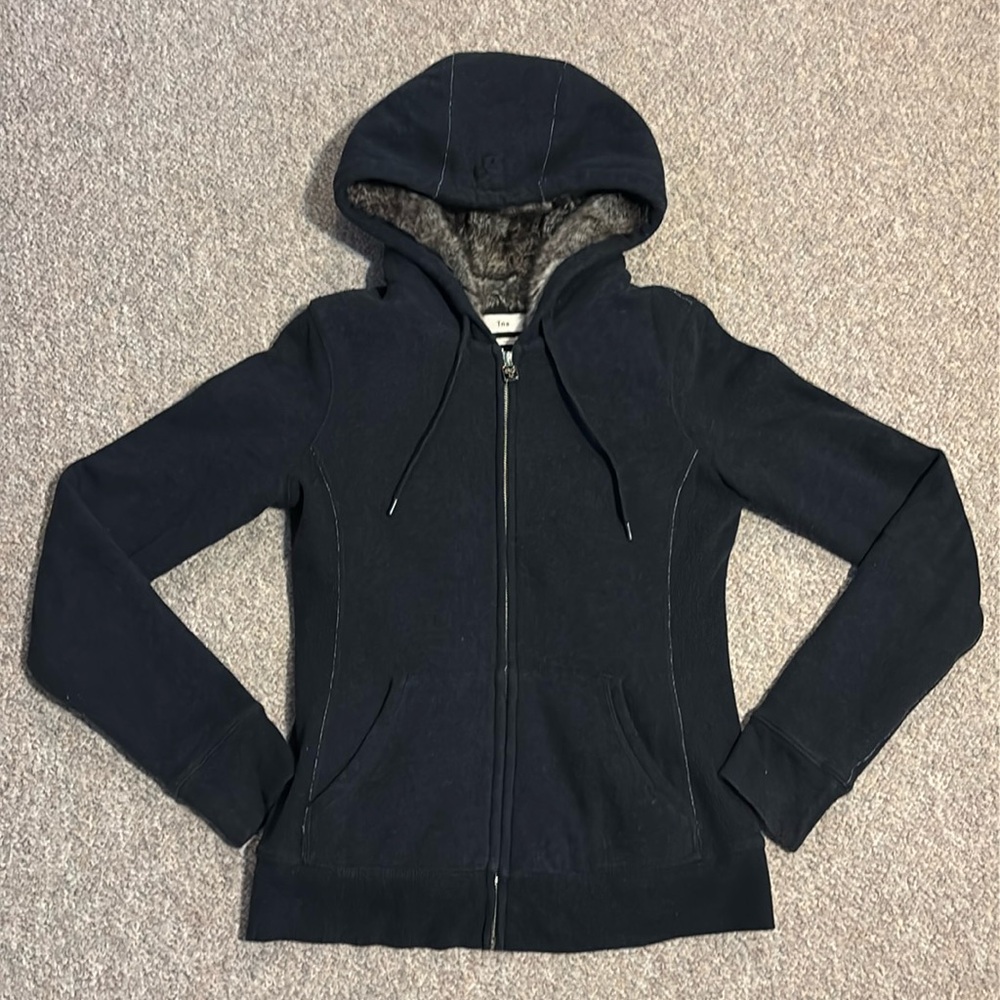 TNA Aritzia Faux Fur Lined Dark Gray Zip-Up Hoodie
